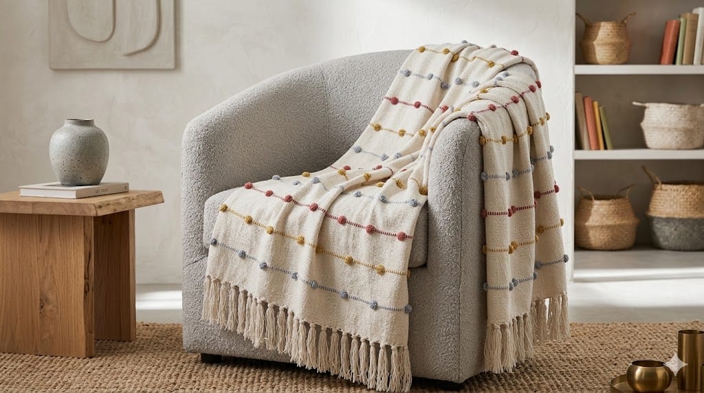 Textured organic cotton throw blanket in a neutral cream tone